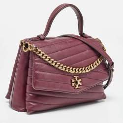 Pre Owned Tory Burch Burgundy Chevron Leather Kira Top Handle Bag