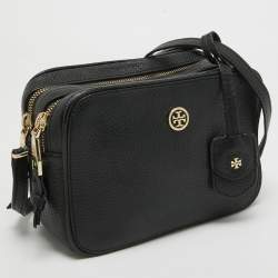 Pre Owned Tory Burch Black Leather Robinson Double Zip Crossbody Bag