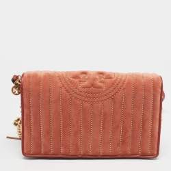 Pre Owned Tory Burch Brown Brick Quilted Velvet Small Kira Shoulder Bag