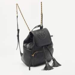 Tory Burch Black Quilted Leather Fleming Drawstring Backpack