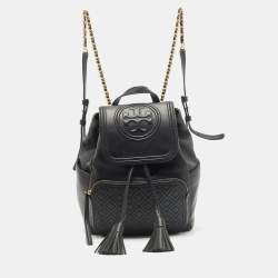 Tory Burch Black Quilted Leather Fleming Drawstring Backpack