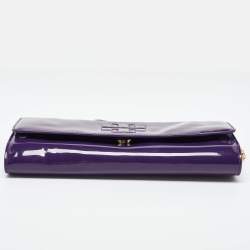 Pre Owned Tory Burch Purple Patent Leather Logo Embossed Flap Clutch Bag