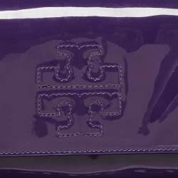 Pre Owned Tory Burch Purple Patent Leather Logo Embossed Flap Clutch Bag