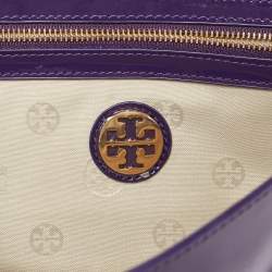 Pre Owned Tory Burch Purple Patent Leather Logo Embossed Flap Clutch Bag