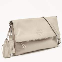 Pre Owned Tory Burch Grey Leather Thea Fold Over Crossbody Bag