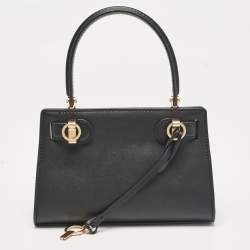 Pre Owned Tory Burch Black Leather Petite Lee Radziwill Top Handle Bag