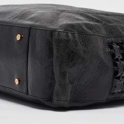 Pre Owned Tory Burch Black Iridescent Leather Logo Detail Hobo