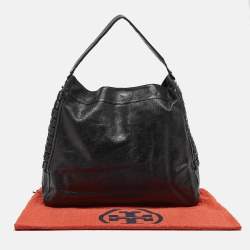 Pre Owned Tory Burch Black Iridescent Leather Logo Detail Hobo