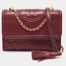 Pre Owned Tory Burch Burgundy Leather Small Fleming Crossbody Bag