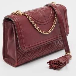 Pre Owned Tory Burch Burgundy Leather Small Fleming Crossbody Bag