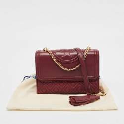 Pre Owned Tory Burch Burgundy Leather Small Fleming Crossbody Bag