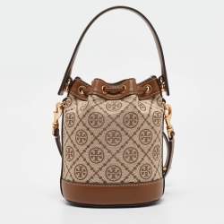 Pre Owned Tory Burch Brown/Beige Canvas and Leather Mini T Monogram Bucket Bag