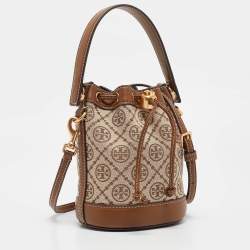 Pre Owned Tory Burch Brown/Beige Canvas and Leather Mini T Monogram Bucket Bag
