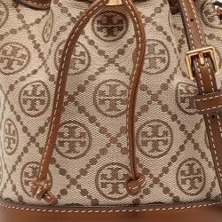 Pre Owned Tory Burch Brown/Beige Canvas and Leather Mini T Monogram Bucket Bag