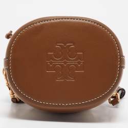 Pre Owned Tory Burch Brown/Beige Canvas and Leather Mini T Monogram Bucket Bag