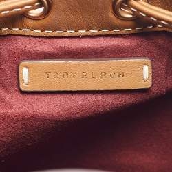 Pre Owned Tory Burch Brown/Beige Canvas and Leather Mini T Monogram Bucket Bag