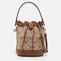 Pre Owned Tory Burch Brown/Beige Canvas and Leather Mini T Monogram Bucket Bag