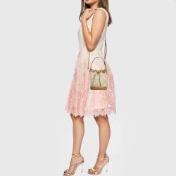 Pre Owned Tory Burch Brown/Beige Canvas and Leather Mini T Monogram Bucket Bag