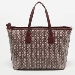 Pre Owned Tory Burch Burgundy Coated Canvas and Leather Gemini Link Top Zip Tote