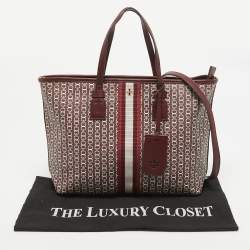 Pre Owned Tory Burch Burgundy Coated Canvas and Leather Gemini Link Top Zip Tote