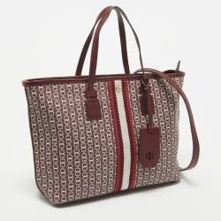 Pre Owned Tory Burch Burgundy Coated Canvas and Leather Gemini Link Top Zip Tote