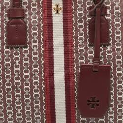 Pre Owned Tory Burch Burgundy Coated Canvas and Leather Gemini Link Top Zip Tote