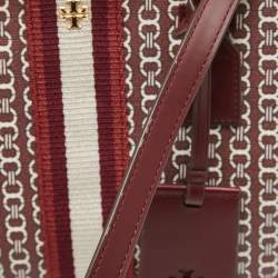 Pre Owned Tory Burch Burgundy Coated Canvas and Leather Gemini Link Top Zip Tote