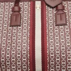 Pre Owned Tory Burch Burgundy Coated Canvas and Leather Gemini Link Top Zip Tote