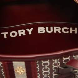 Pre Owned Tory Burch Burgundy Coated Canvas and Leather Gemini Link Top Zip Tote