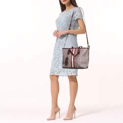 Pre Owned Tory Burch Burgundy Coated Canvas and Leather Gemini Link Top Zip Tote