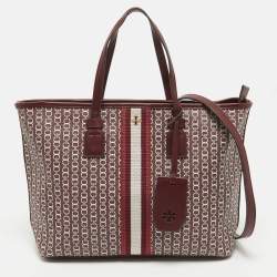 Pre Owned Tory Burch Burgundy Coated Canvas and Leather Gemini Link Top Zip Tote