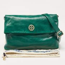 Pre Owned Tory Burch Green Leather Dena Fold Over Crossbody Bag