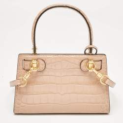 Pre Owned Tory Burch Beige Croc Embossed Leather Petite Lee Radziwill Top Handle Bag