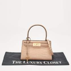 Pre Owned Tory Burch Beige Croc Embossed Leather Petite Lee Radziwill Top Handle Bag
