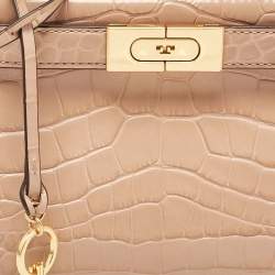 Pre Owned Tory Burch Beige Croc Embossed Leather Petite Lee Radziwill Top Handle Bag