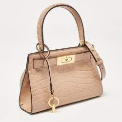 Pre Owned Tory Burch Beige Croc Embossed Leather Petite Lee Radziwill Top Handle Bag