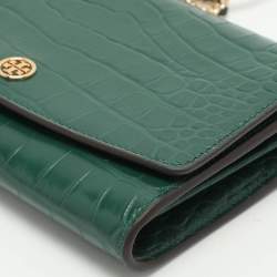 Tory Burch Green Croc Embossed Leather Robinson Wallet On Chain