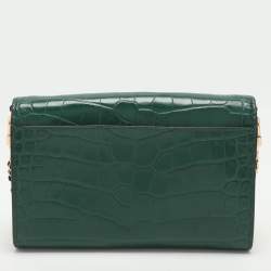 Tory Burch Green Croc Embossed Leather Robinson Wallet On Chain