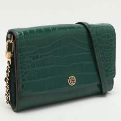 Tory Burch Green Croc Embossed Leather Robinson Wallet On Chain