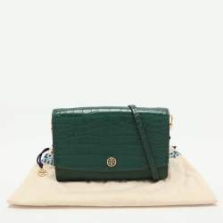 Tory Burch Green Croc Embossed Leather Robinson Wallet On Chain