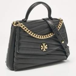 Pre Owned Tory Burch Black Chevron Leather Kira Top Handle Bag