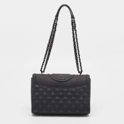 Pre Owned Tory Burch Matte Black Rubber Medium Fleming Shoulder Bag