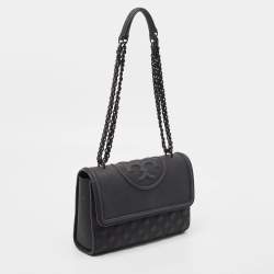Pre Owned Tory Burch Matte Black Rubber Medium Fleming Shoulder Bag