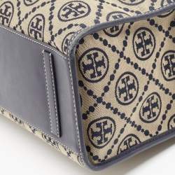 Pre Owned Tory Burch Navy Blue Canvas and Leather T Monogram Tote