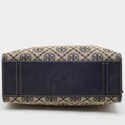 Pre Owned Tory Burch Navy Blue Canvas and Leather T Monogram Tote