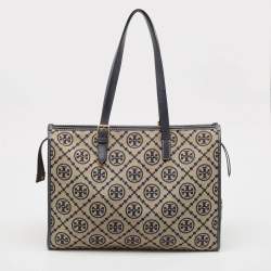 Pre Owned Tory Burch Navy Blue Canvas and Leather T Monogram Tote