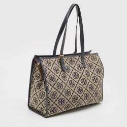 Pre Owned Tory Burch Navy Blue Canvas and Leather T Monogram Tote