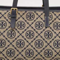 Pre Owned Tory Burch Navy Blue Canvas and Leather T Monogram Tote