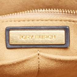 Pre Owned Tory Burch Navy Blue Canvas and Leather T Monogram Tote