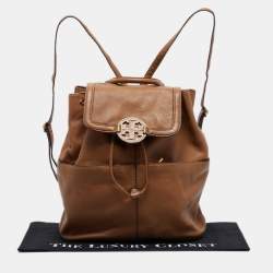 Tory Burch Brown Leather Drawstring Flap Backpack